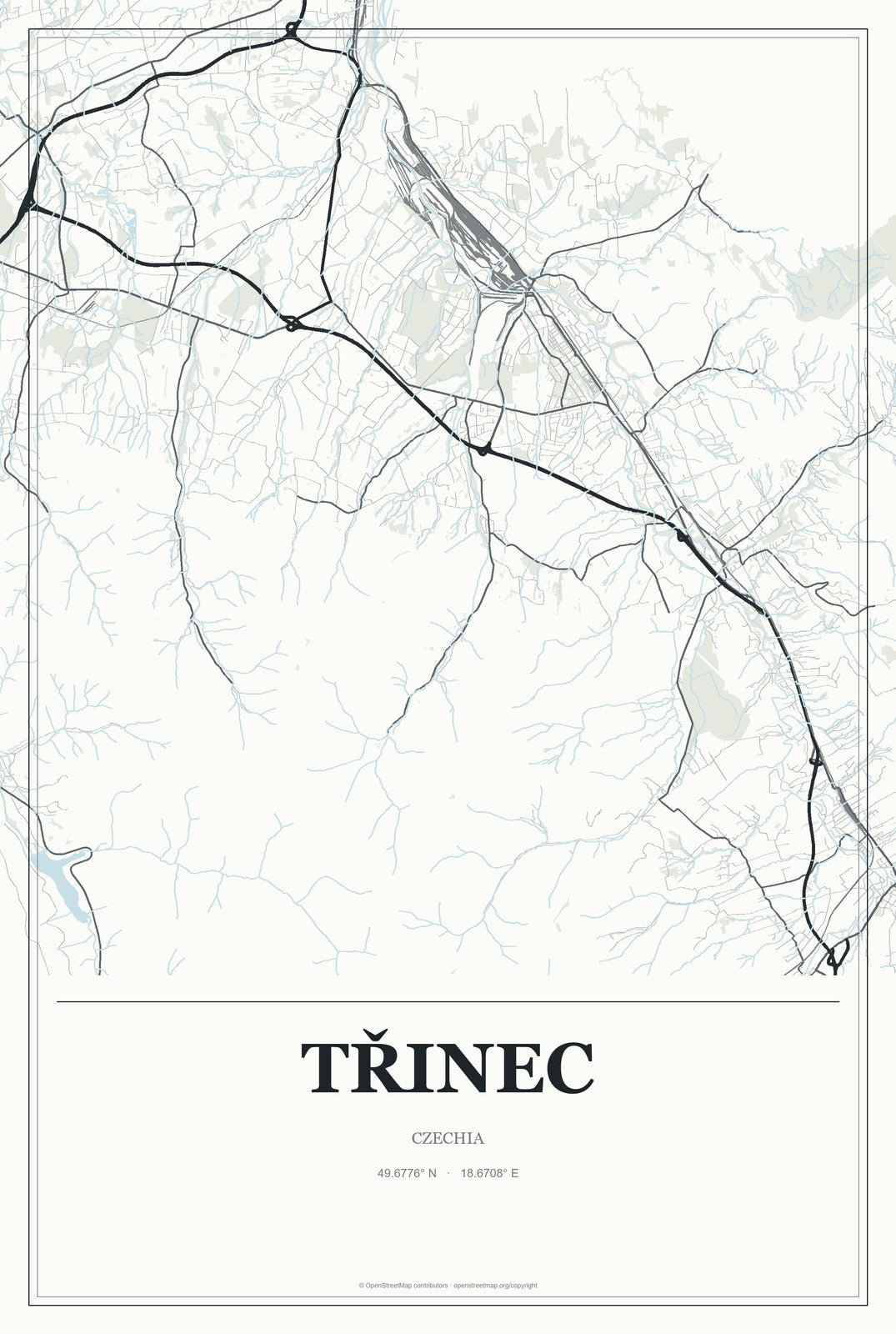 Třinec, Czechia City Map Aluminum Sign in Gallery Air style