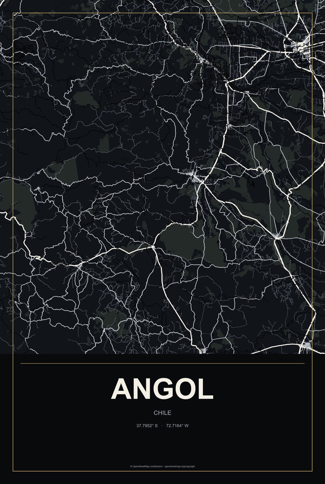 Angol, Chile City Map Aluminum Sign in Metropolitan Noir style