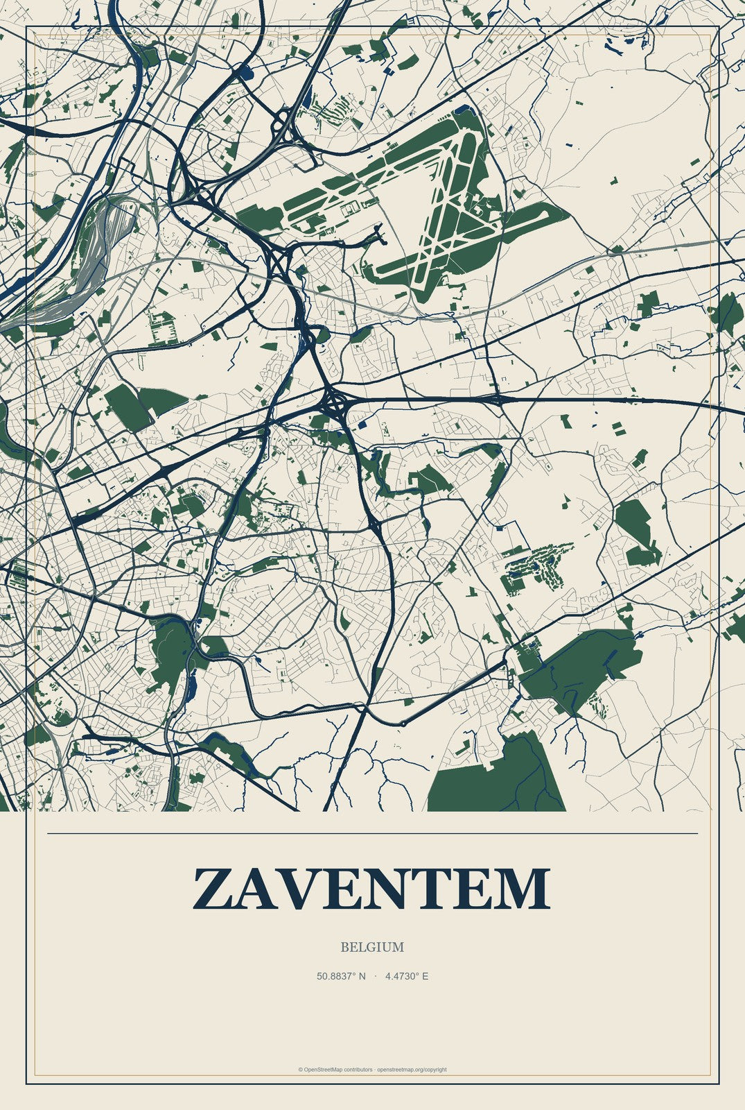Zaventem, Belgium City Map Aluminum Sign in Coastal Cutout style