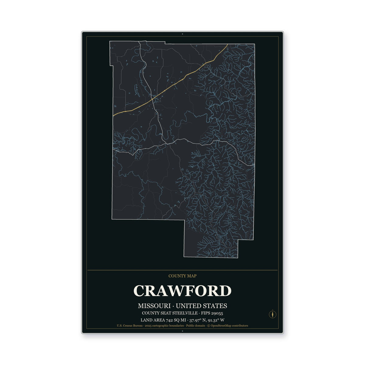 Crawford County, Missouri Map Aluminum Sign in Metropolitan Noir style