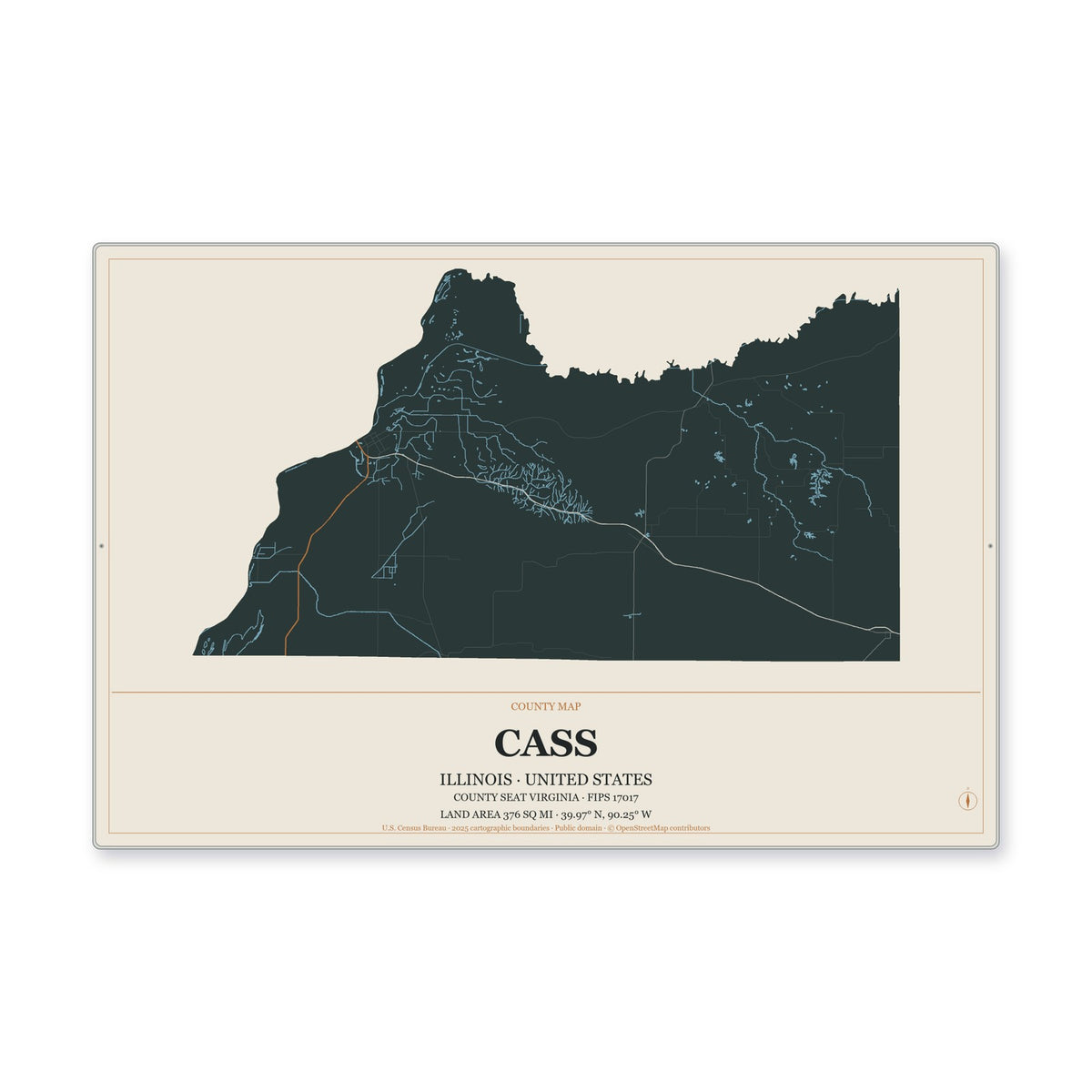 Cass County, Illinois Map Aluminum Sign in Headline Atlas style