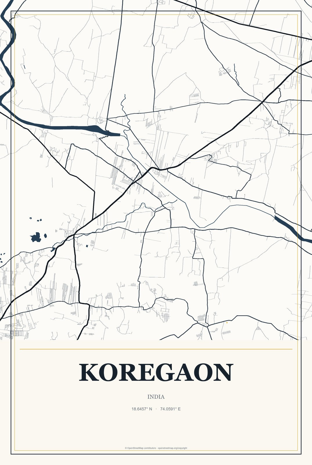 Koregaon, India City Map Aluminum Sign in Citrine Modern style
