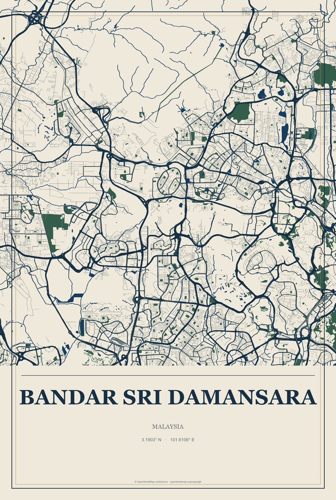 Bandar Sri Damansara, Malaysia City Map Aluminum Sign in Coastal Cutout style
