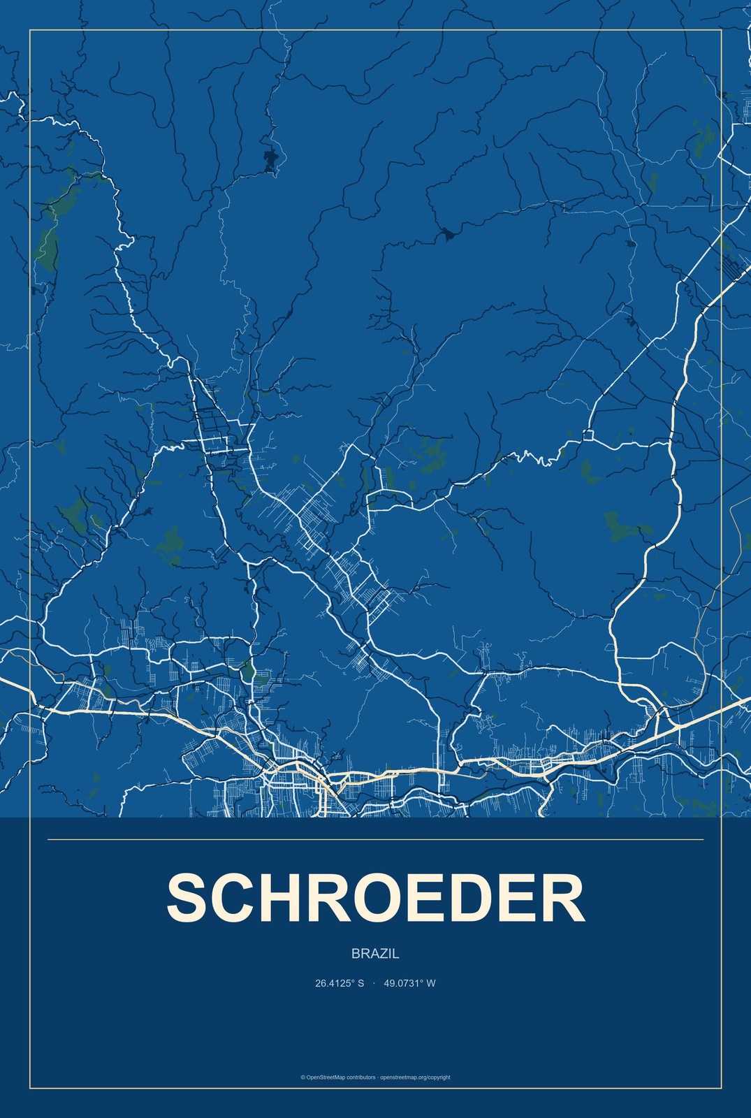 Schroeder, Brazil City Map Aluminum Sign in Harbor Cobalt style