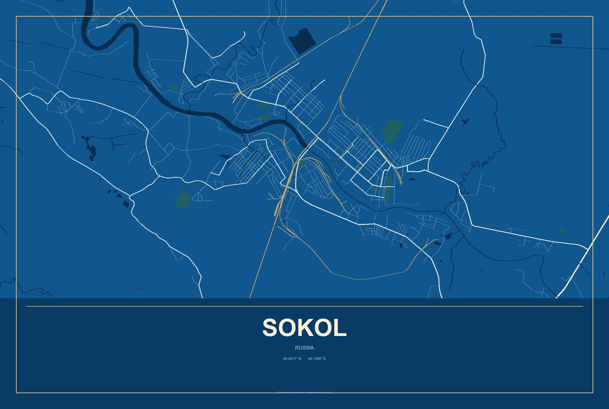 Sokol, Russia City Map Aluminum Sign in Harbor Cobalt style