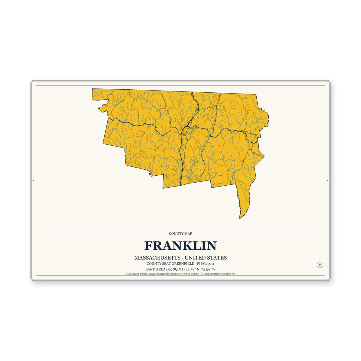 Franklin County, Massachusetts Map Aluminum Sign in Citrine Modern style