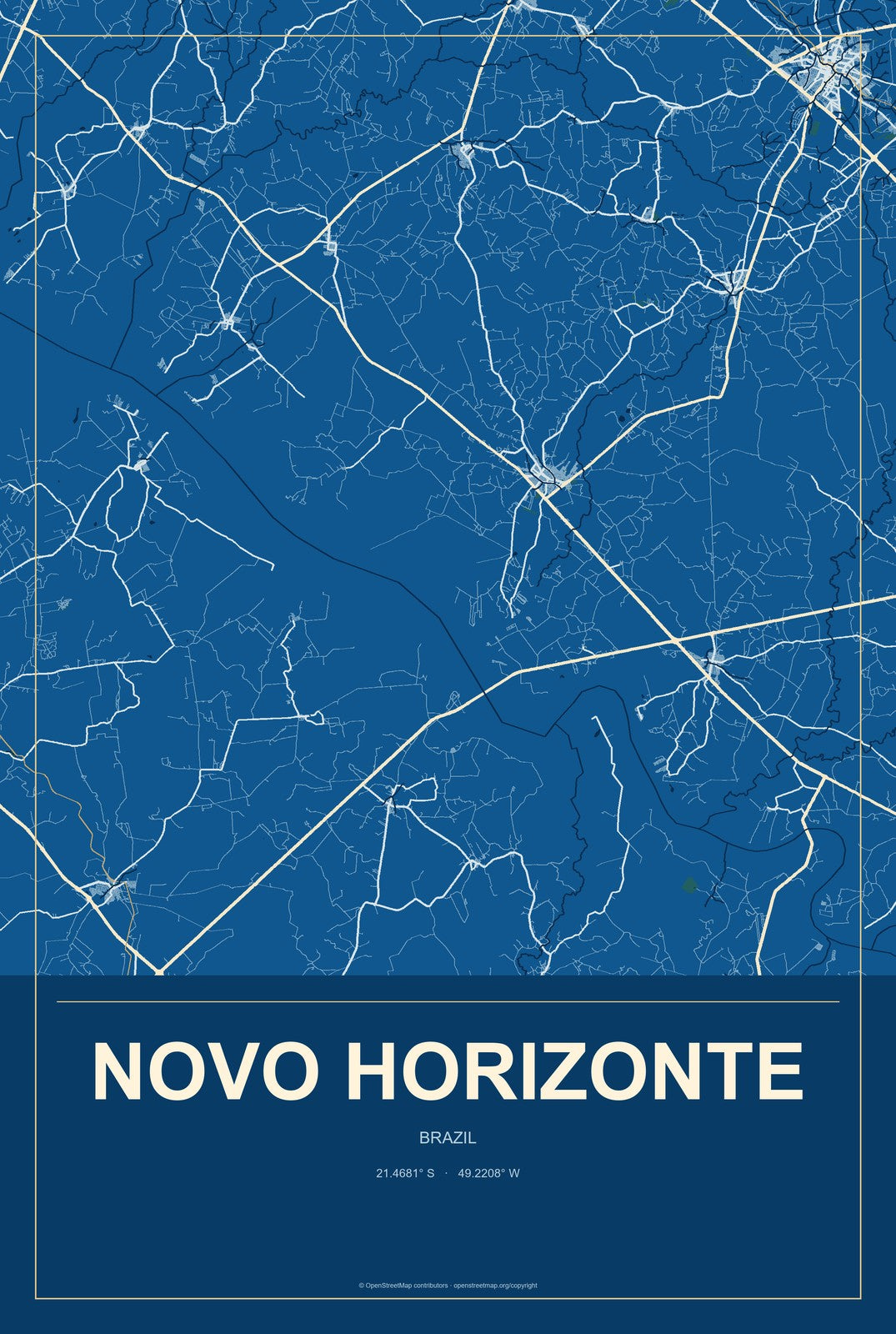 Novo Horizonte, Bahia, Brazil City Map Aluminum Sign in Harbor Cobalt style