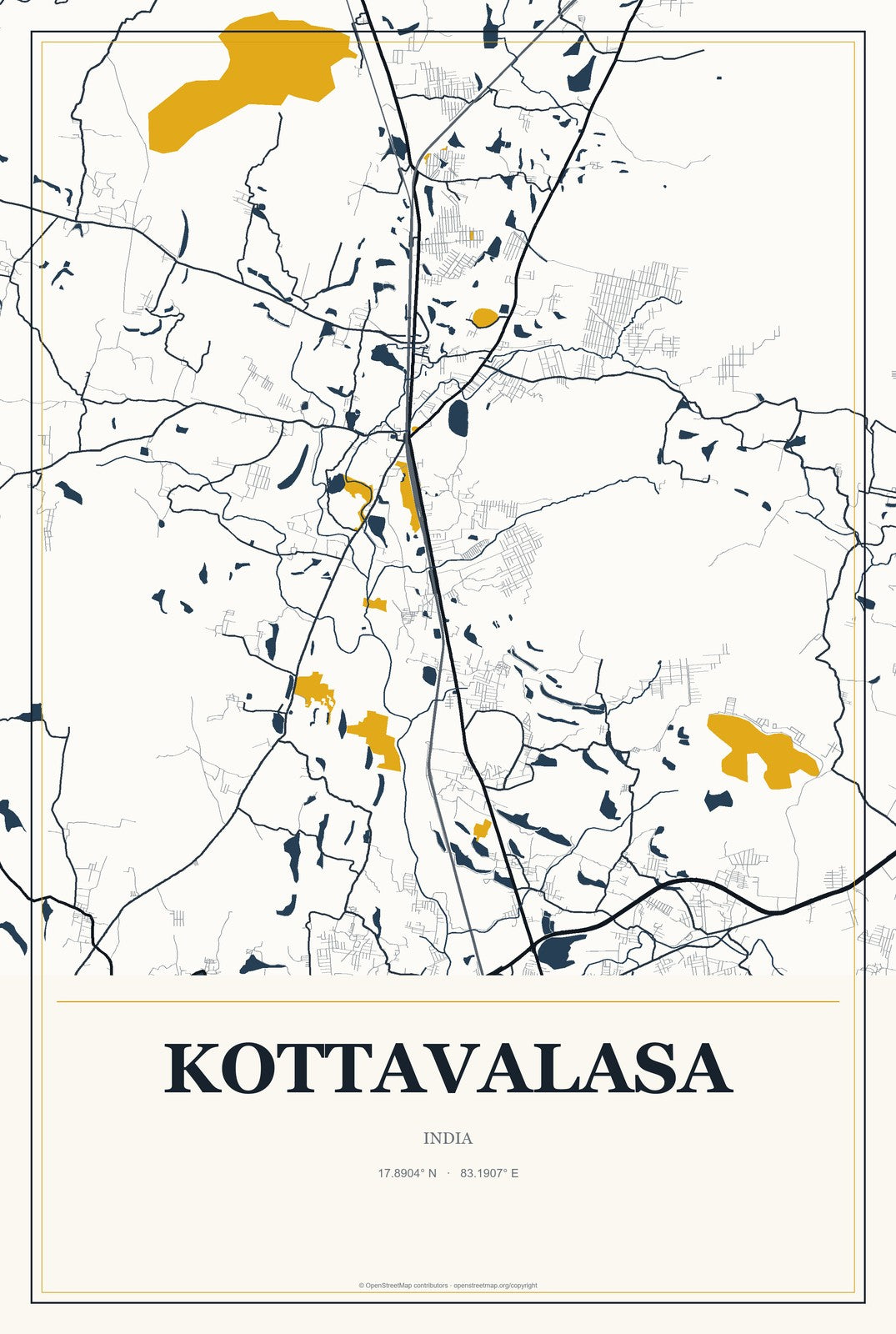 Kottavalasa, India City Map Aluminum Sign in Citrine Modern style