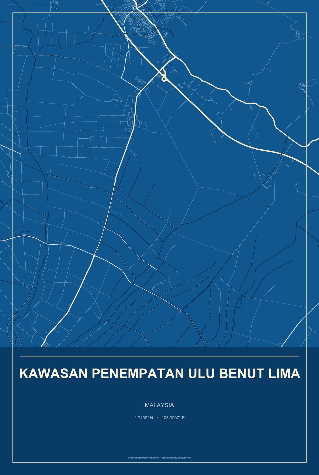 Kawasan Penempatan Ulu Benut Lima, Malaysia City Map Aluminum Sign in Harbor Cobalt style
