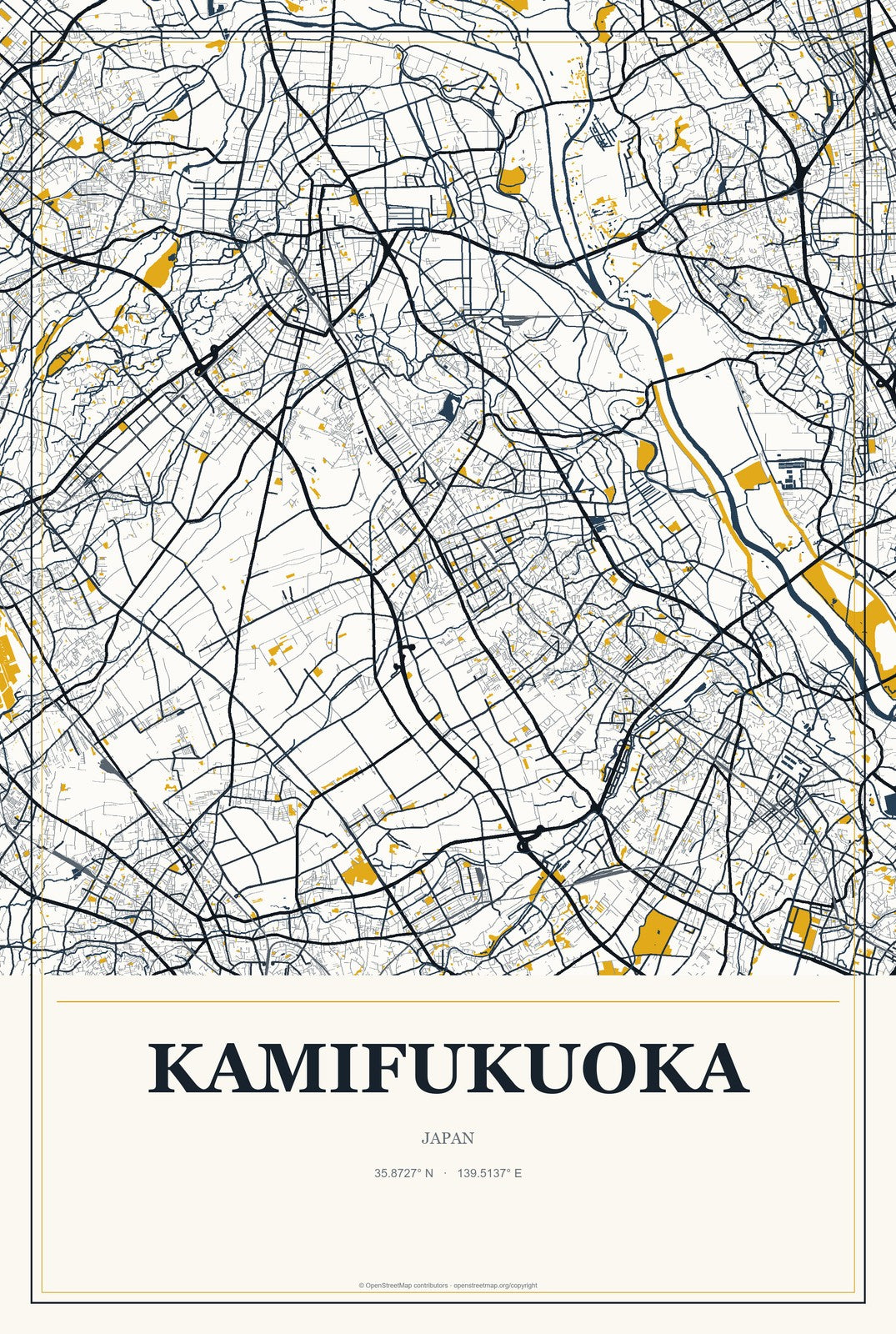 Kamifukuoka, Japan City Map Aluminum Sign in Citrine Modern style