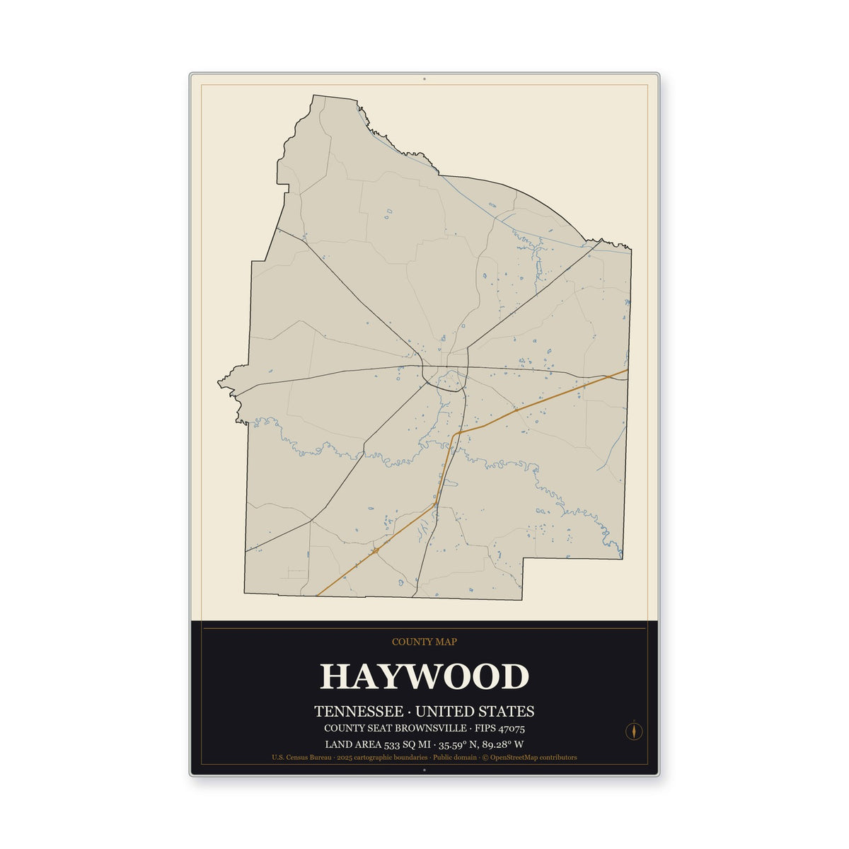 Haywood County, Tennessee Map Aluminum Sign in Museum Plaque style