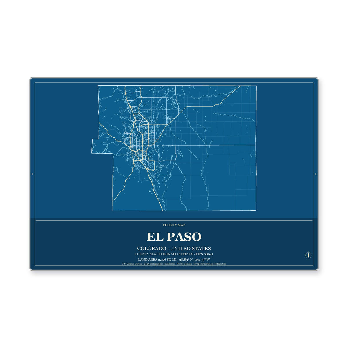 El Paso County, Colorado Map Aluminum Sign in Harbor Cobalt style
