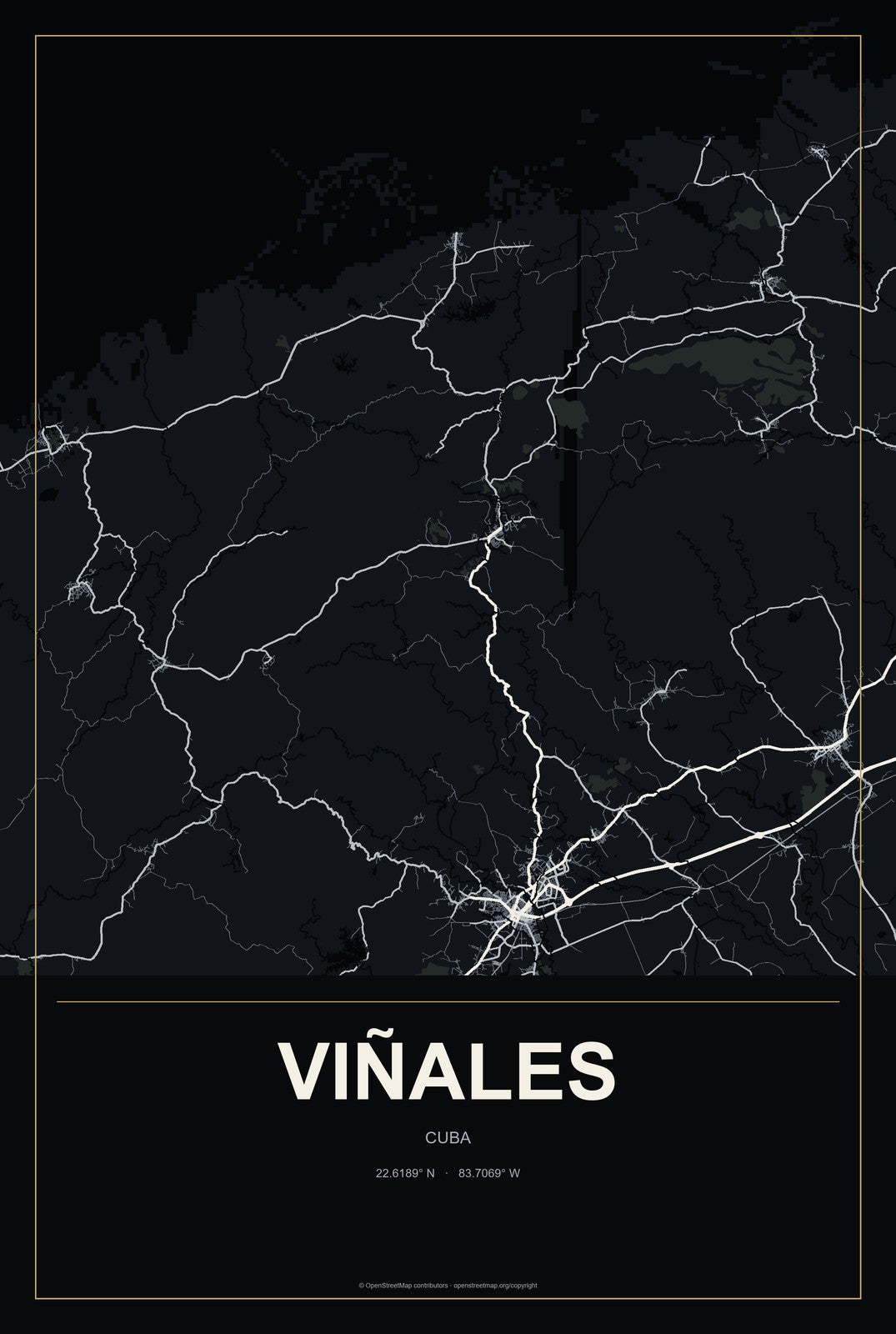Viñales, Cuba City Map Aluminum Sign in Metropolitan Noir style