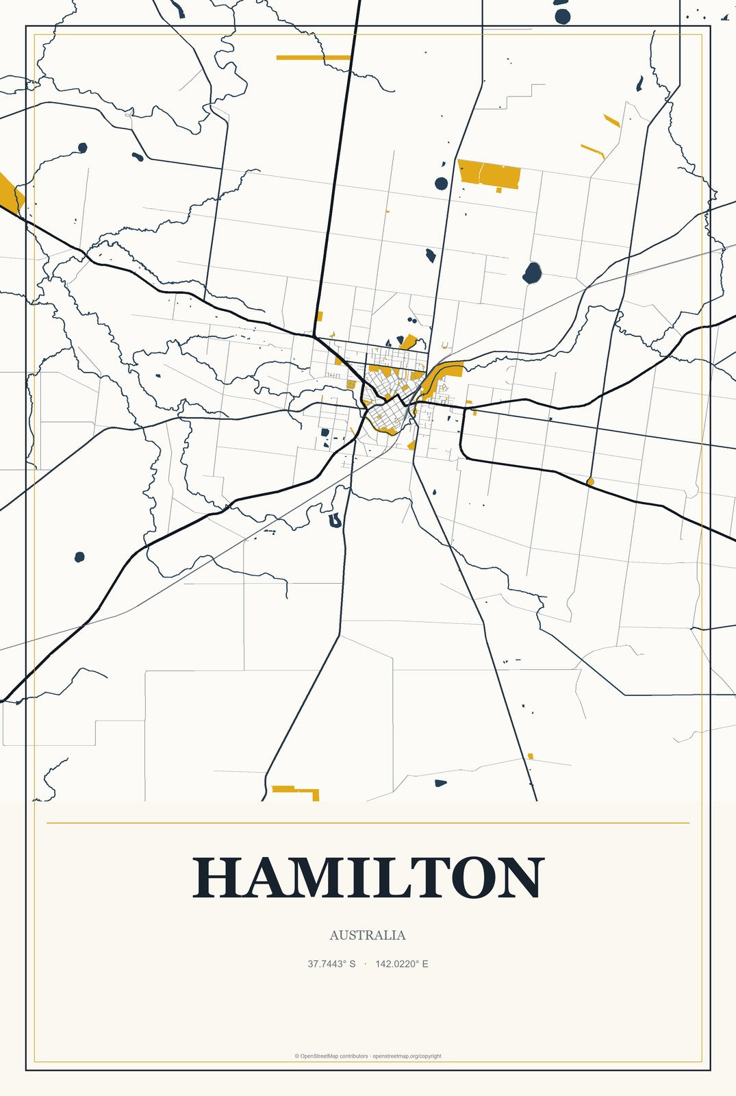 Hamilton, Australia City Map Aluminum Sign in Citrine Modern style