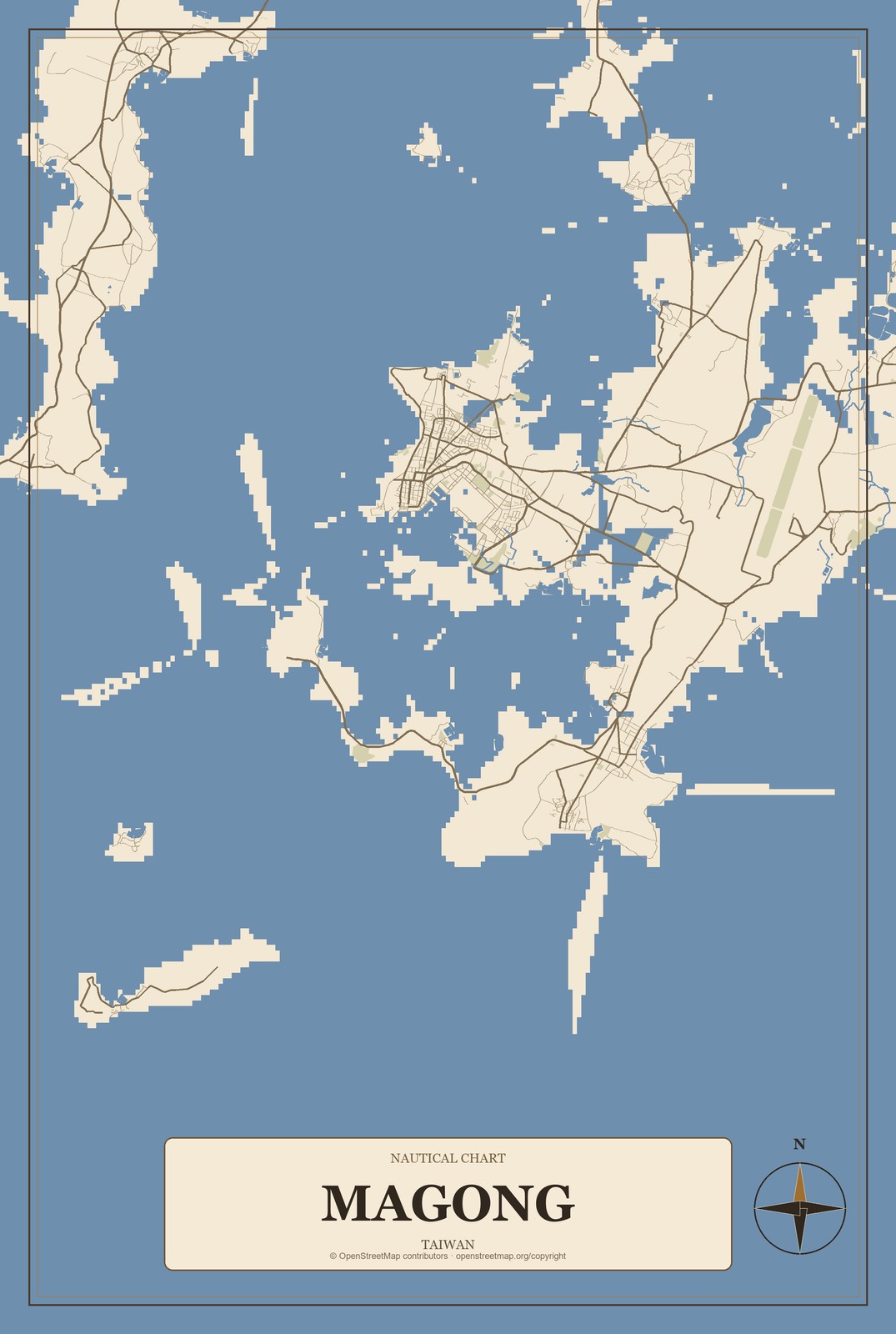 Magong, Taiwan City Map Aluminum Sign in Heritage Nautical style