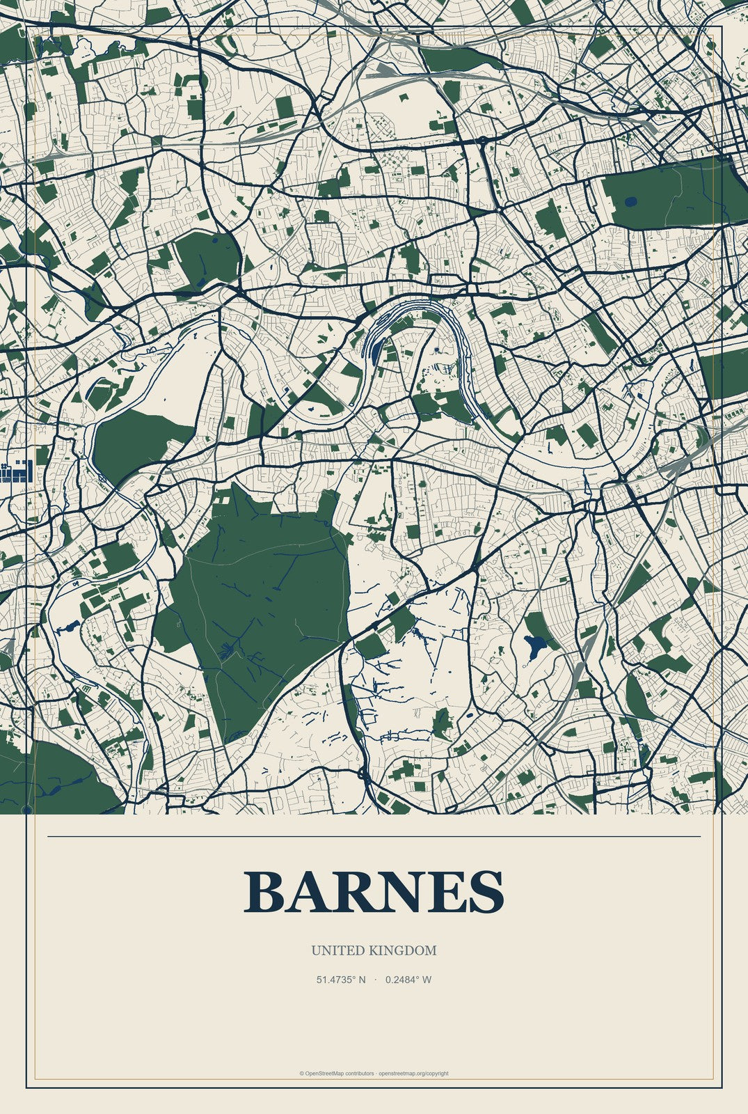 Barnes, United Kingdom City Map Aluminum Sign in Coastal Cutout style