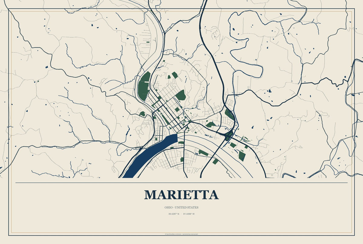 Marietta, Ohio City Map Aluminum Sign in Coastal Cutout style