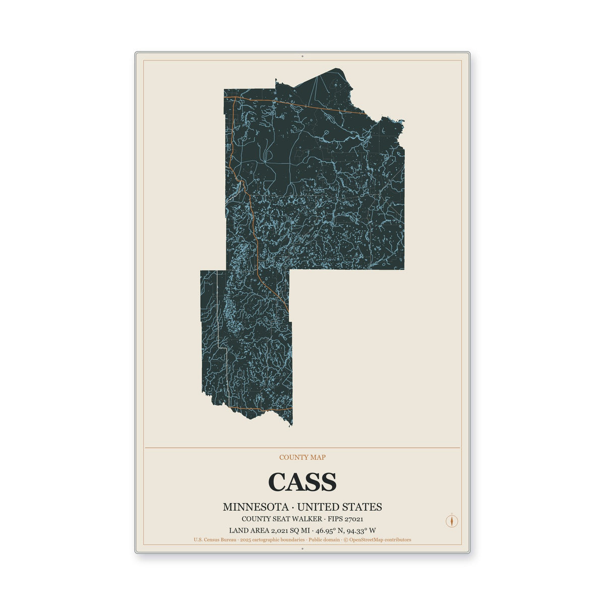 Cass County, Minnesota Map Aluminum Sign in Headline Atlas style