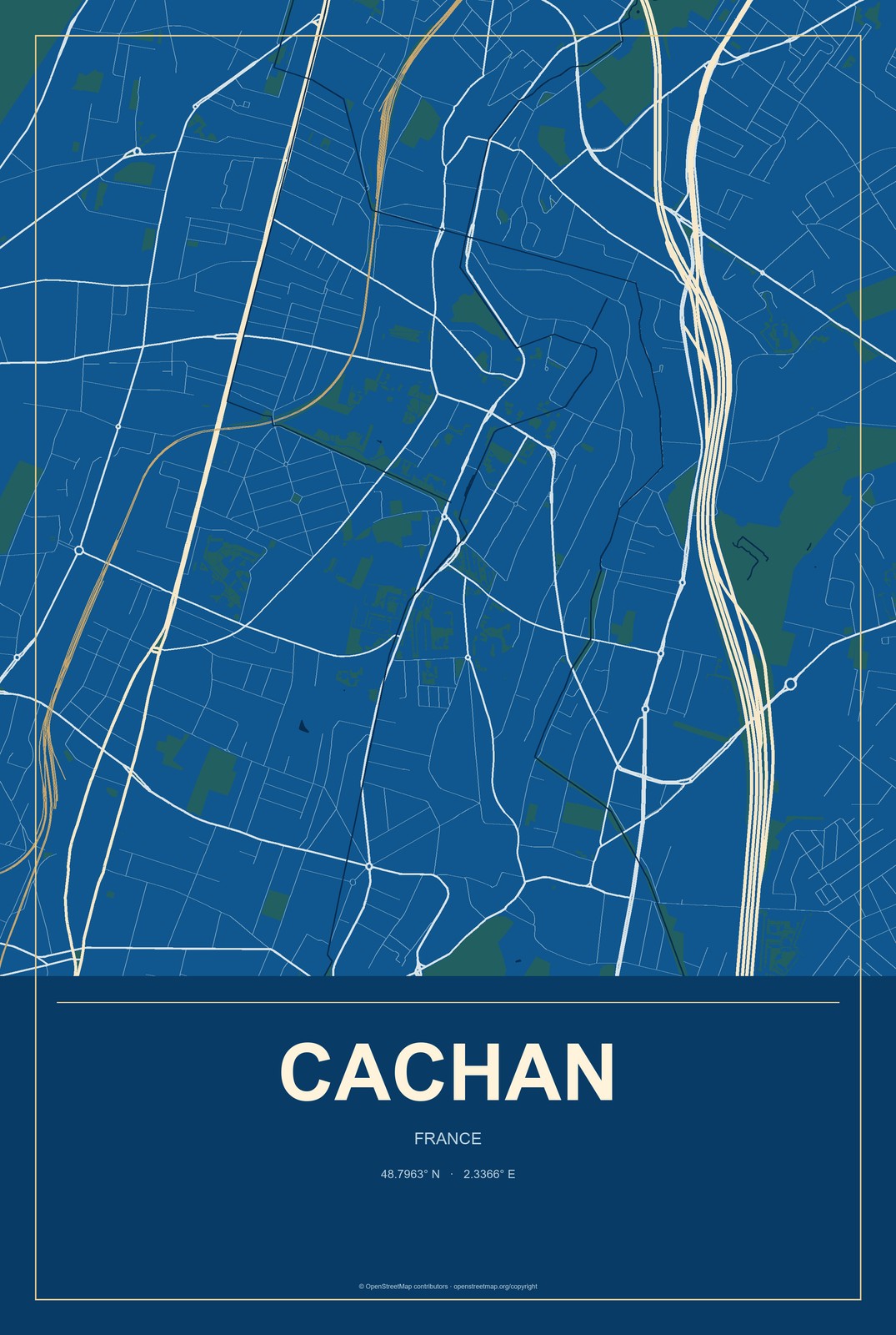 Cachan, France City Map Aluminum Sign in Harbor Cobalt style