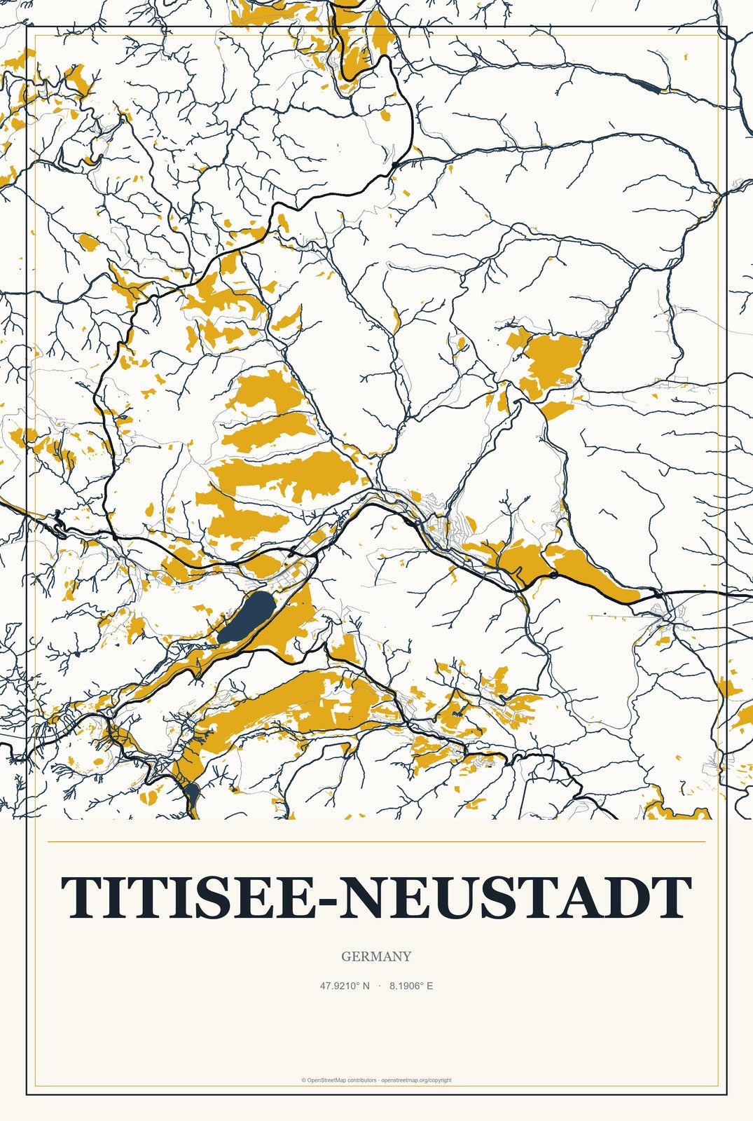 Titisee-Neustadt, Germany City Map Aluminum Sign in Citrine Modern style
