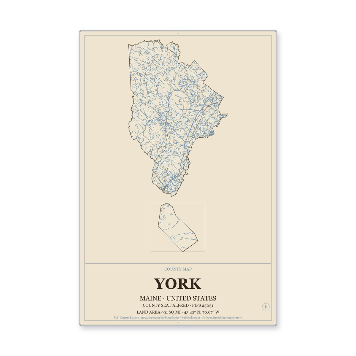 York County, Maine Map Aluminum Sign in Heritage Nautical style