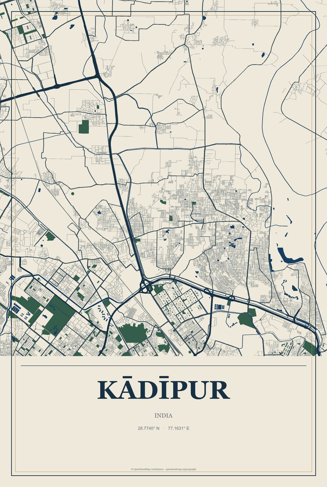 Kādīpur, India City Map Aluminum Sign in Coastal Cutout style