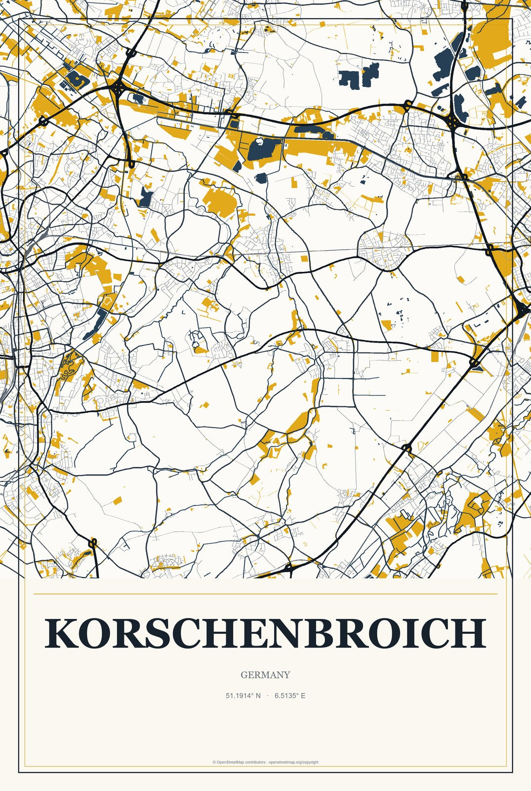Korschenbroich, Germany City Map Aluminum Sign in Citrine Modern style
