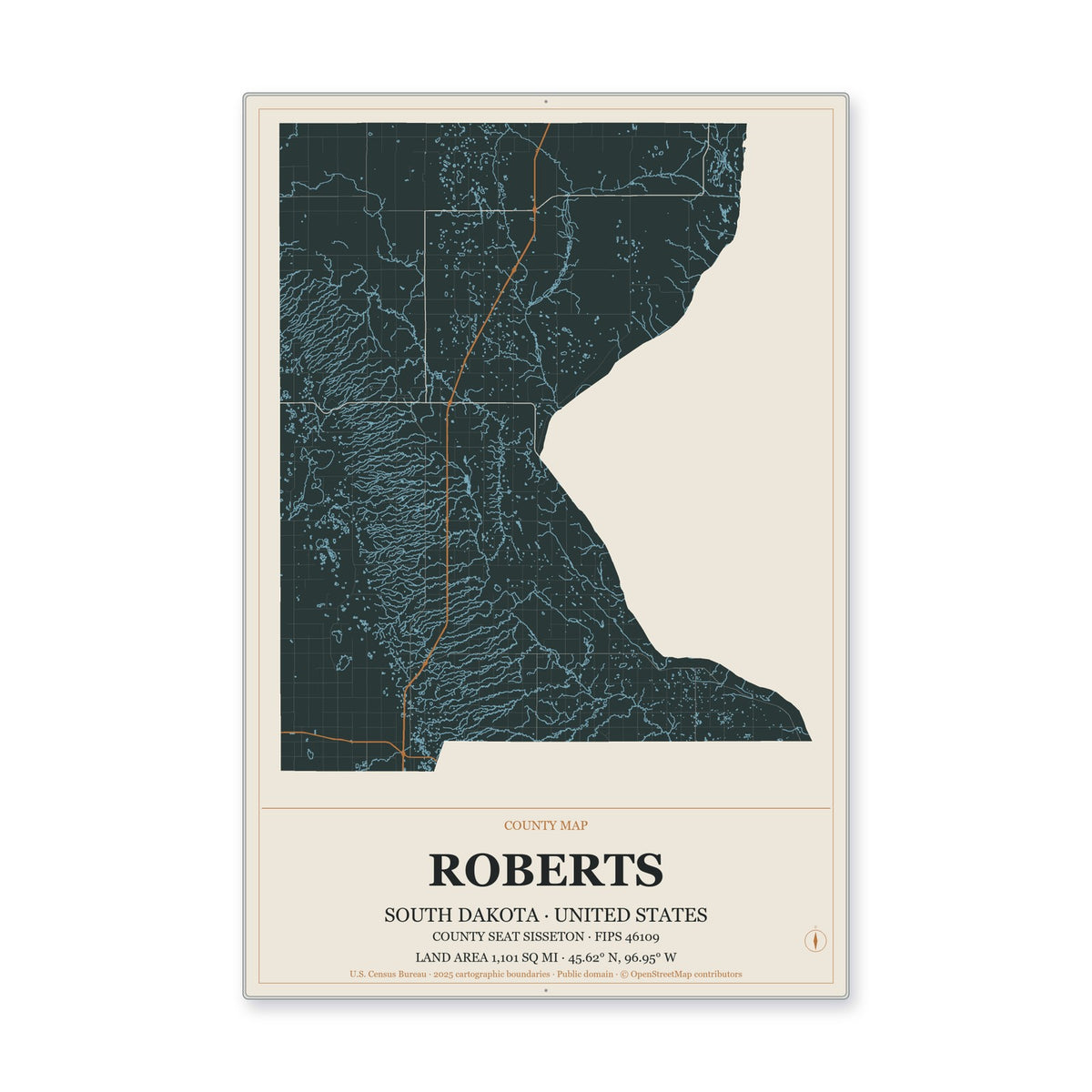 Roberts County, South Dakota Map Aluminum Sign in Headline Atlas style