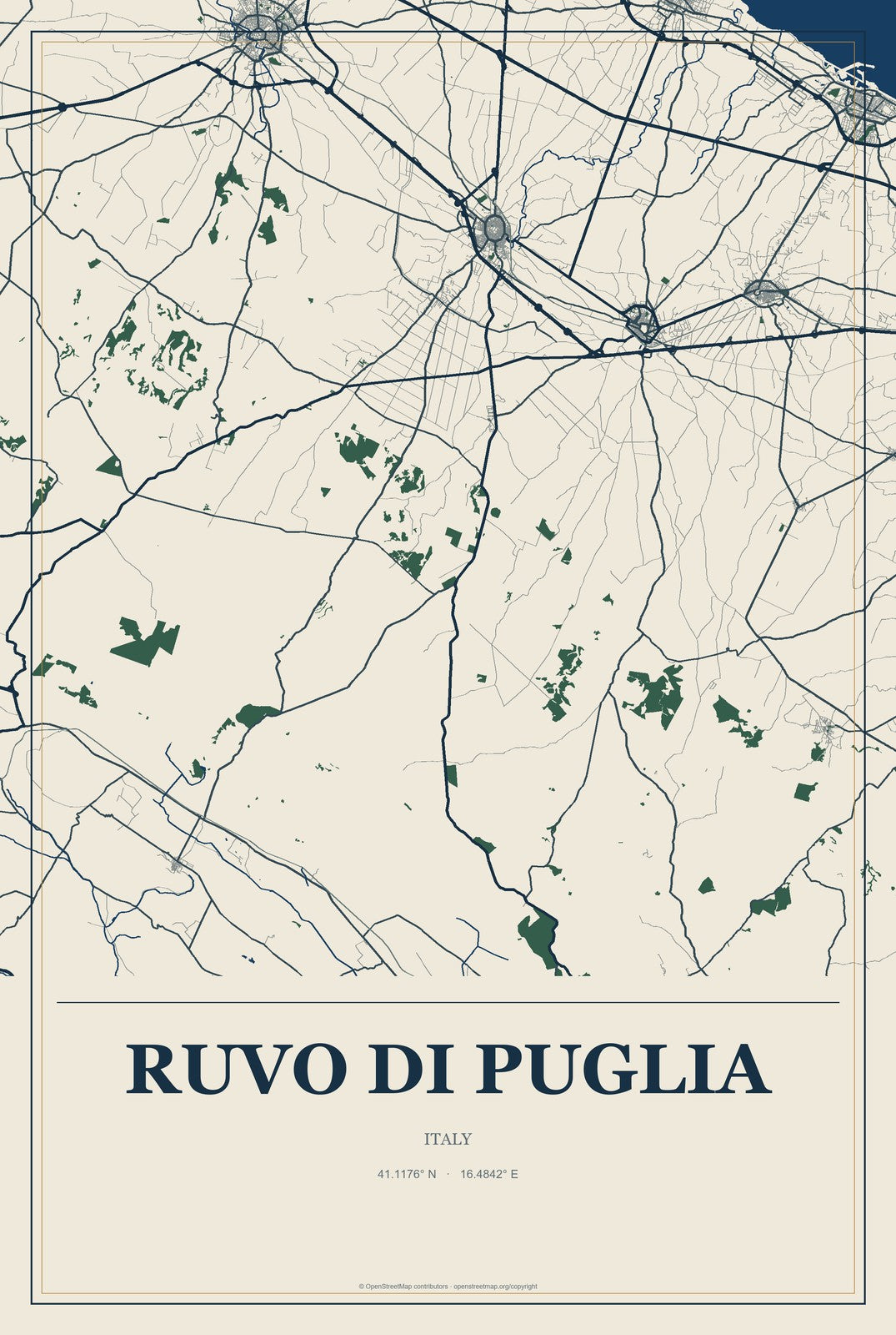 Ruvo di Puglia, Italy City Map Aluminum Sign in Coastal Cutout style
