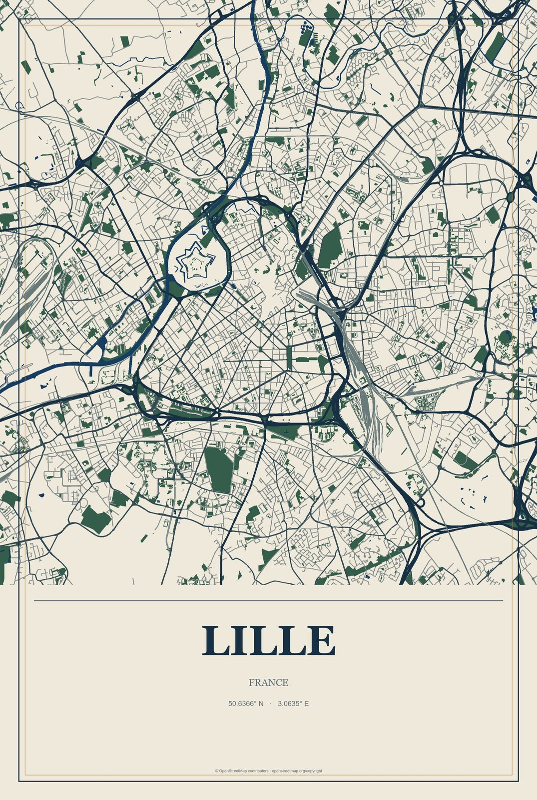 Lille, France City Map Aluminum Sign in Coastal Cutout style