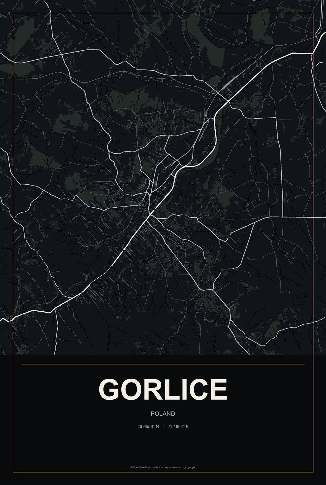 Gorlice, Poland City Map Aluminum Sign in Metropolitan Noir style