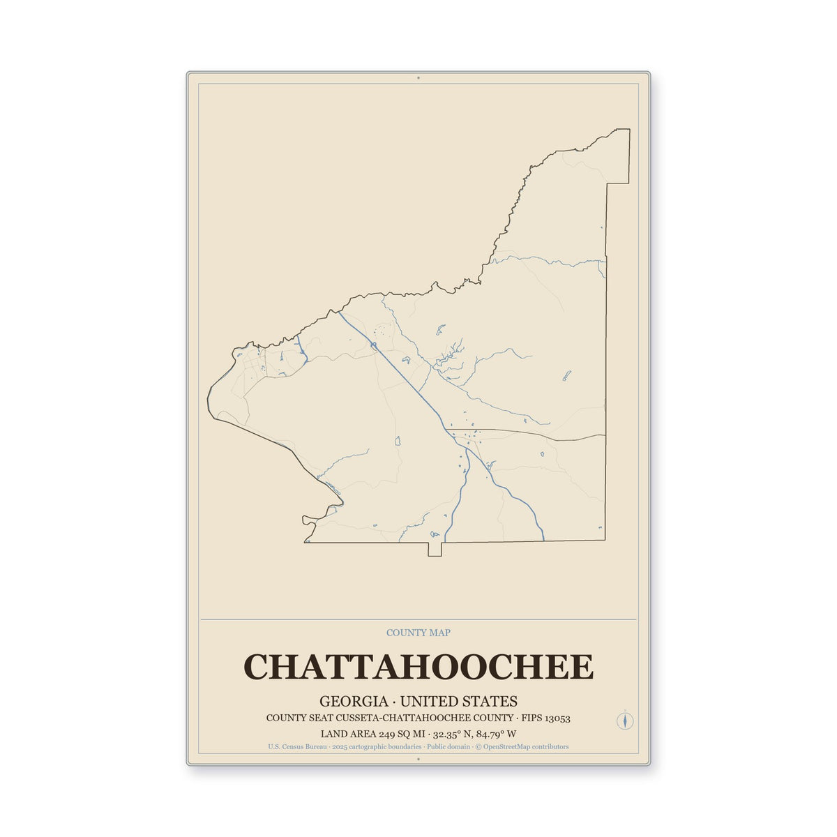 Chattahoochee County, Georgia Map Aluminum Sign in Heritage Nautical style