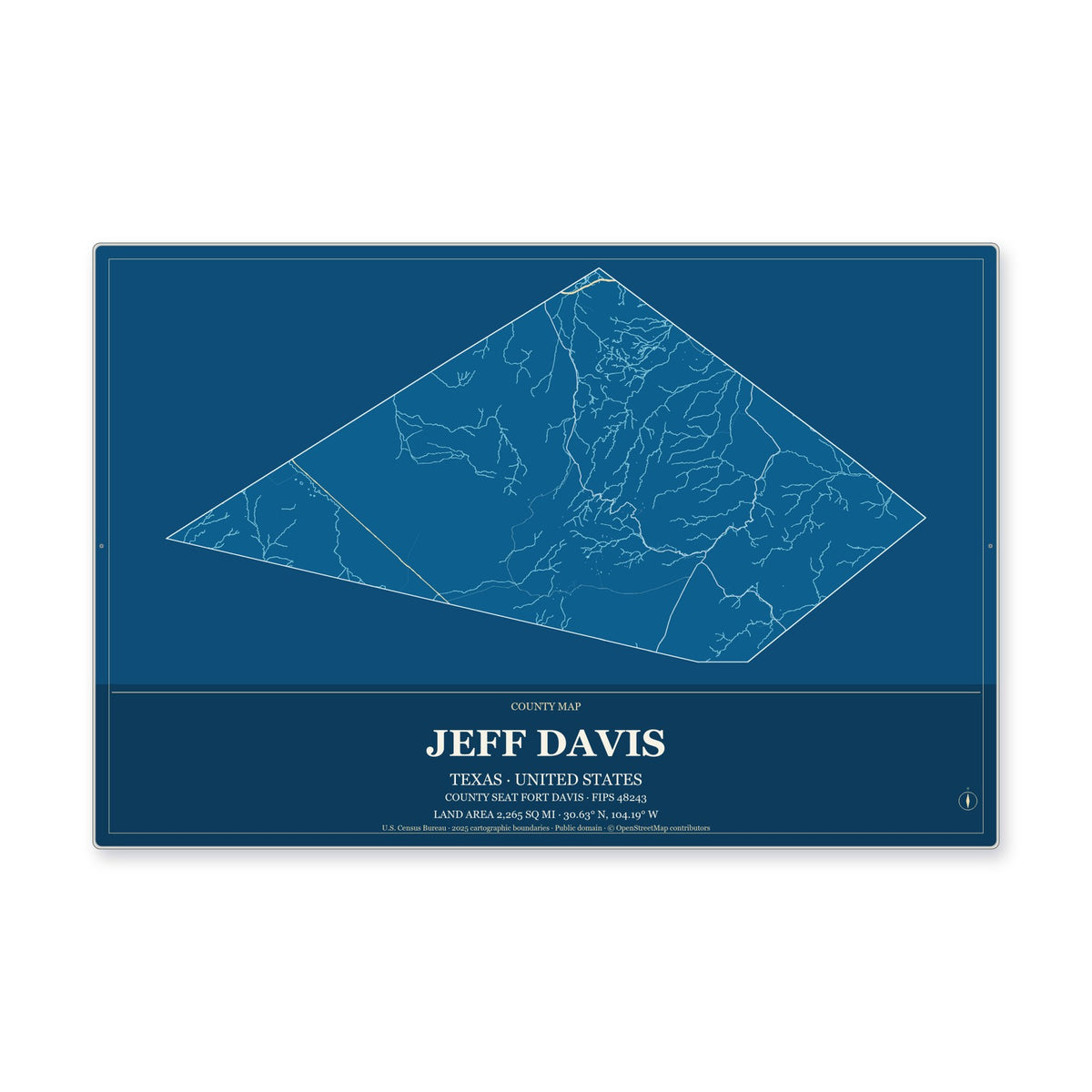 Jeff Davis County, Texas Map Aluminum Sign in Harbor Cobalt style