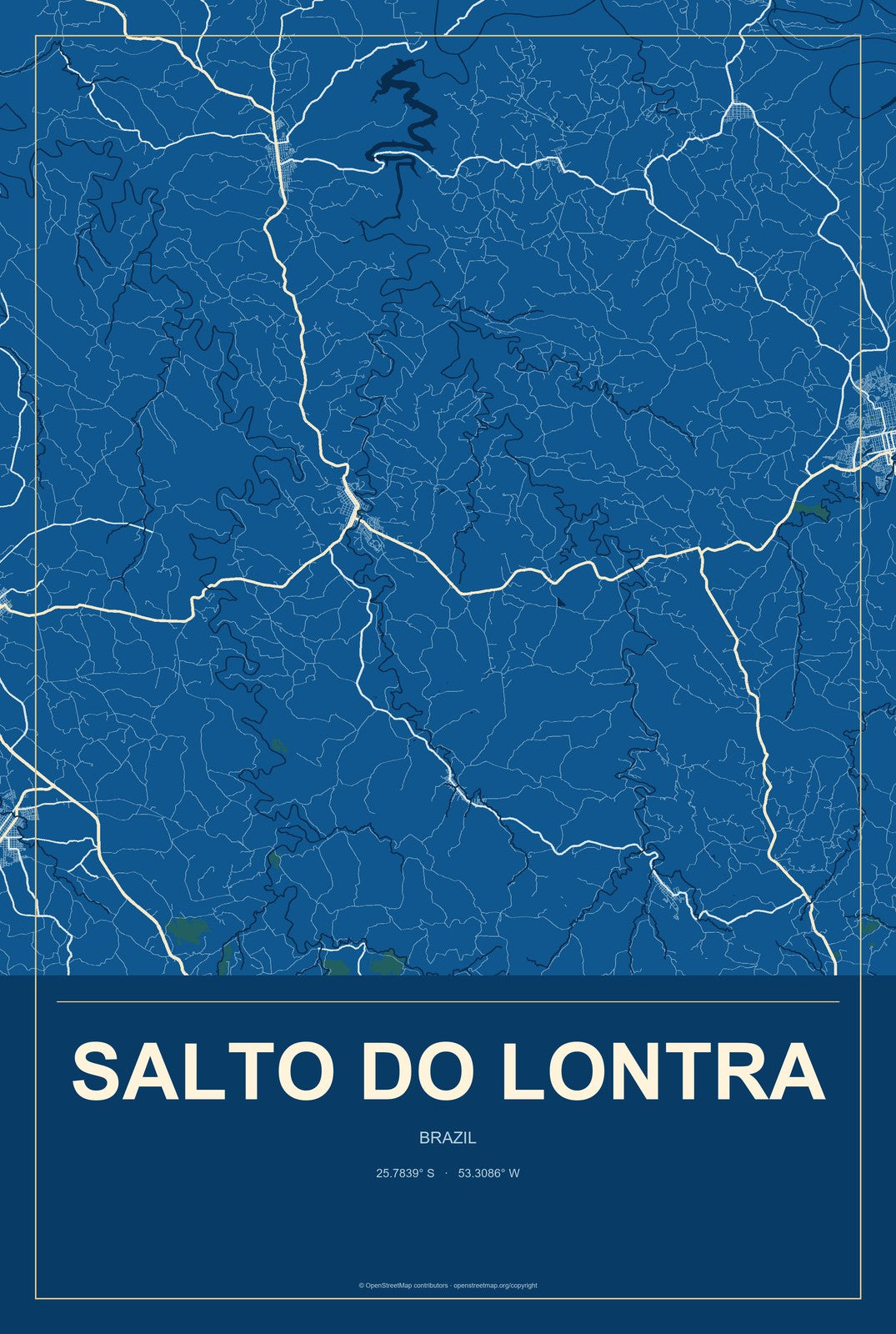 Salto do Lontra, Brazil City Map Aluminum Sign in Harbor Cobalt style