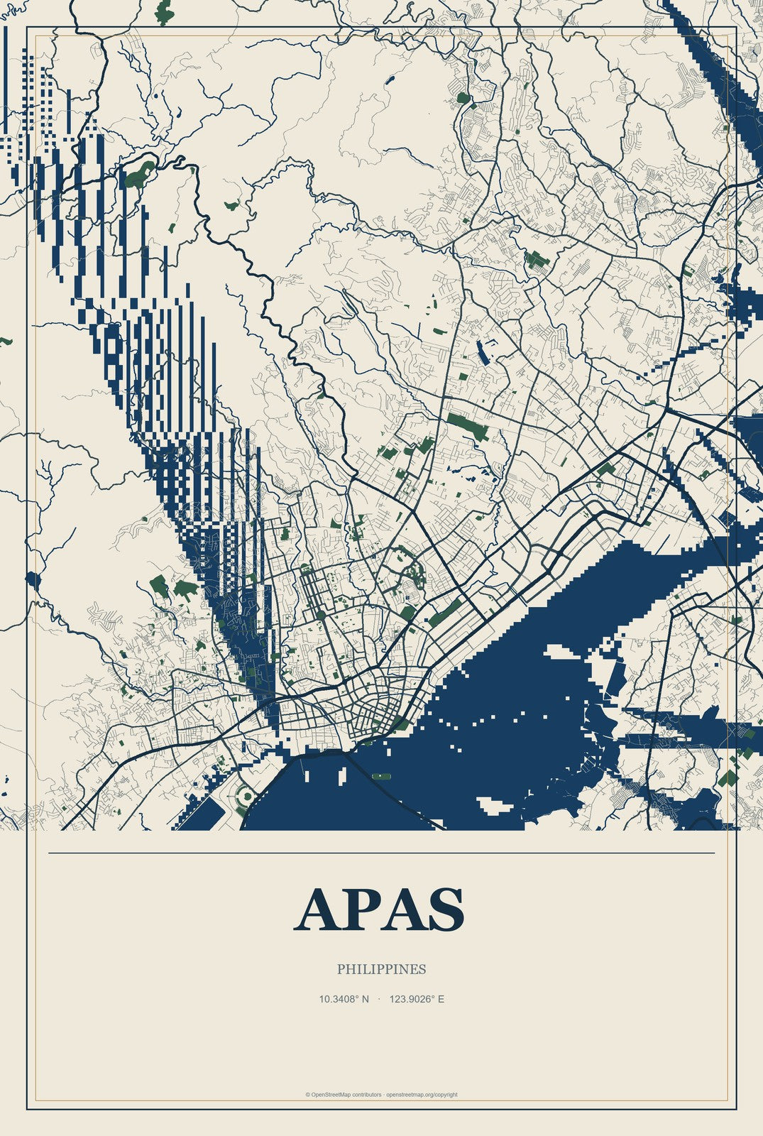 Apas, Philippines City Map Aluminum Sign in Coastal Cutout style