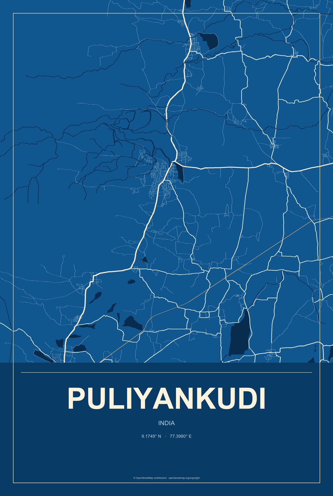 Puliyankudi, India City Map Aluminum Sign in Harbor Cobalt style