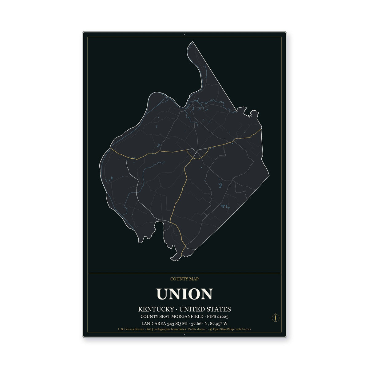 Union County, Kentucky Map Aluminum Sign in Metropolitan Noir style