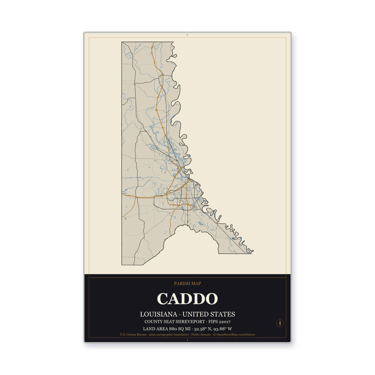 Caddo Parish, Louisiana Map Aluminum Sign in Museum Plaque style