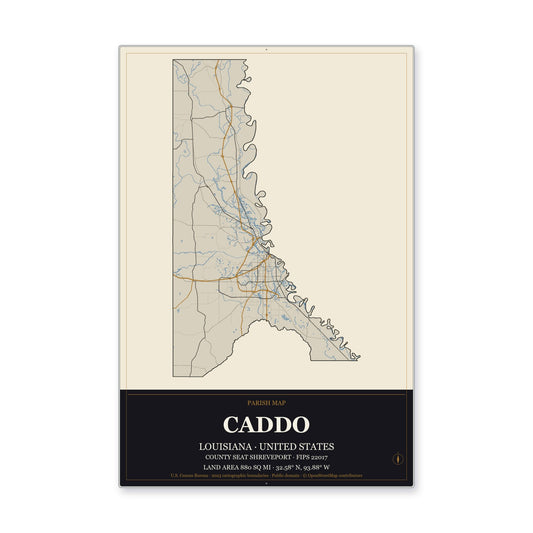 Caddo Parish, Louisiana Map Aluminum Sign in Museum Plaque style