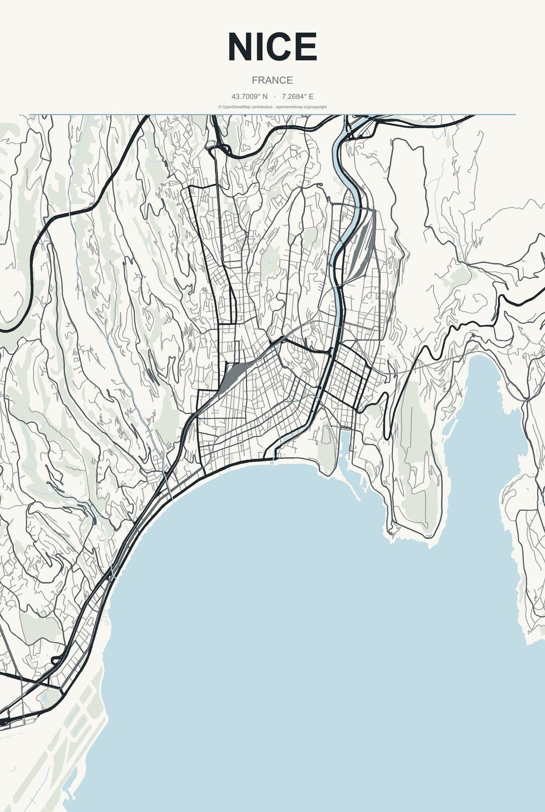 Nice, France City Map Aluminum Sign in Headline Atlas style