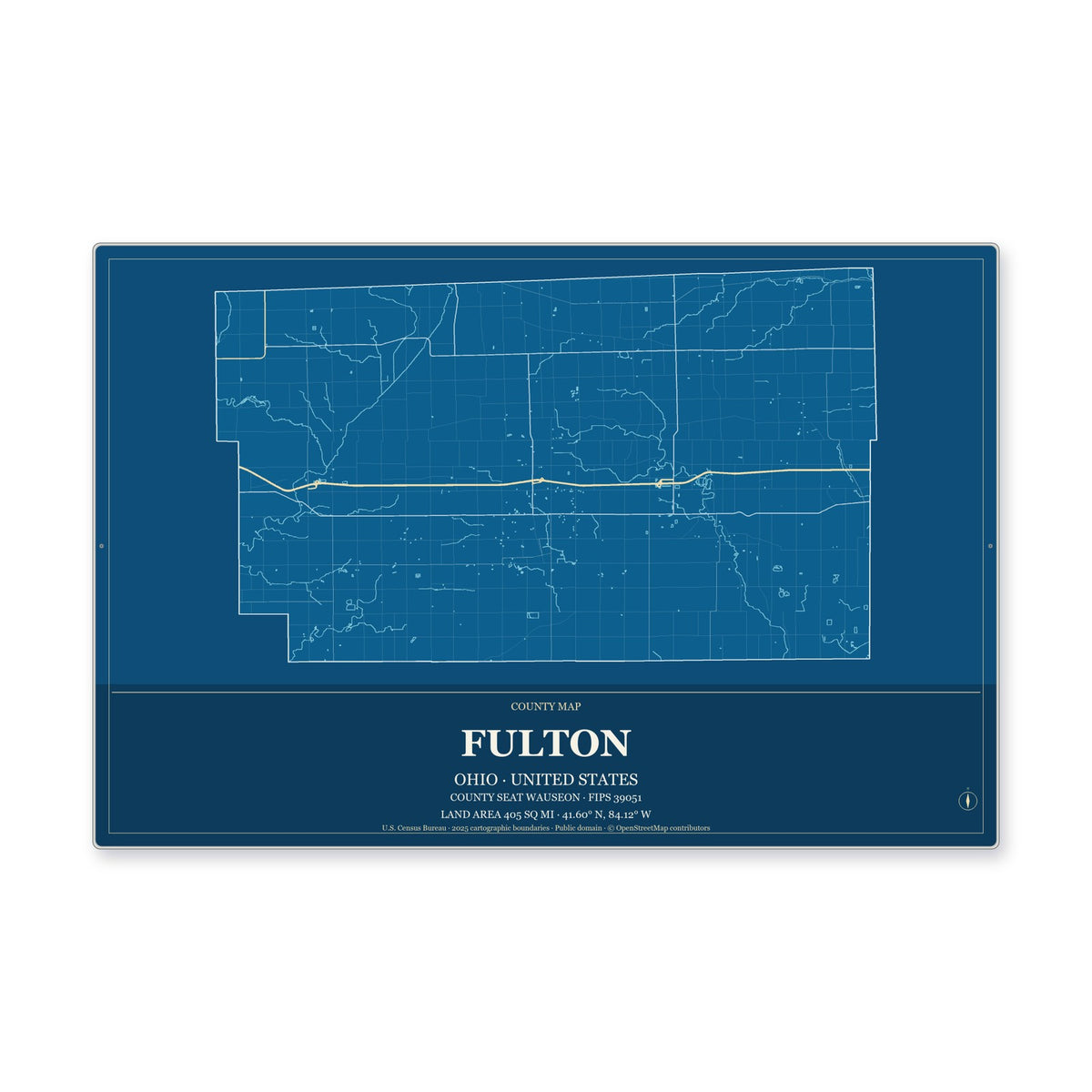 Fulton County, Ohio Map Aluminum Sign in Harbor Cobalt style