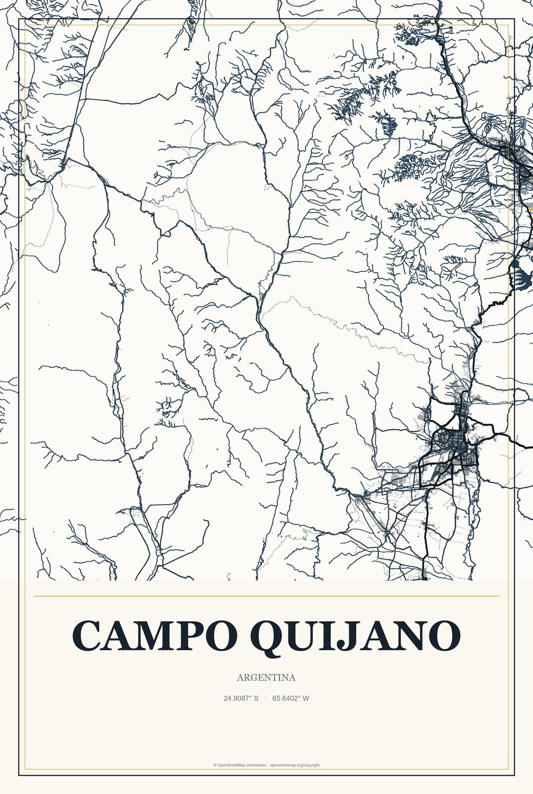 Campo Quijano, Argentina City Map Aluminum Sign in Citrine Modern style