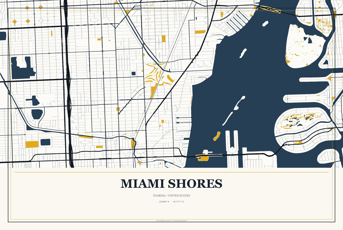 Miami Shores, Florida City Map Aluminum Sign in Citrine Modern style