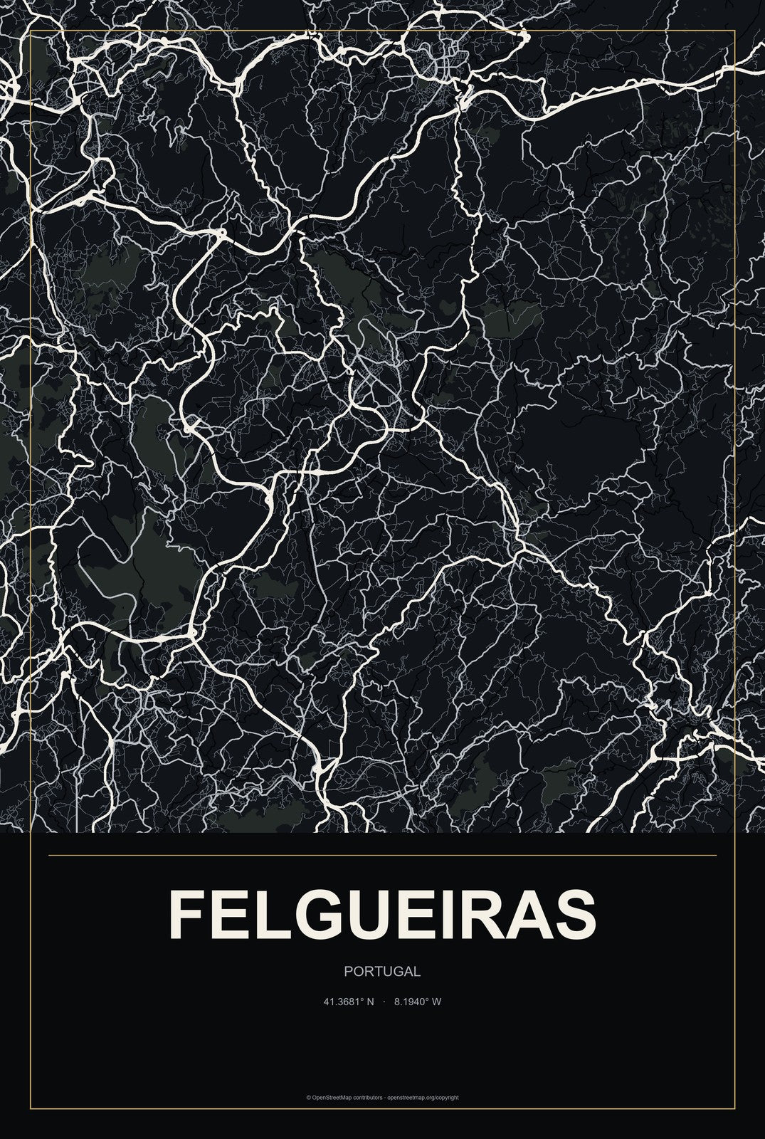 Felgueiras, Portugal City Map Aluminum Sign in Metropolitan Noir style