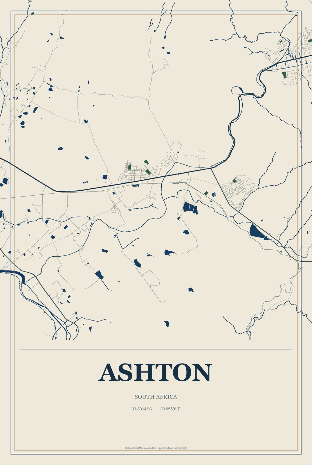 Ashton, South Africa City Map Aluminum Sign in Coastal Cutout style