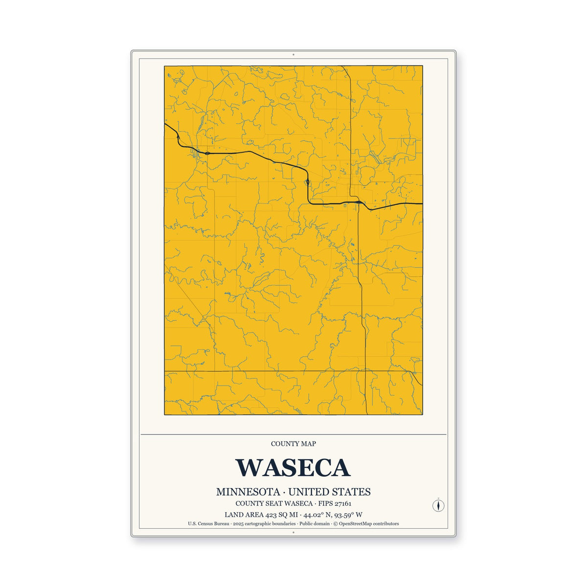 Waseca County, Minnesota Map Aluminum Sign in Citrine Modern style