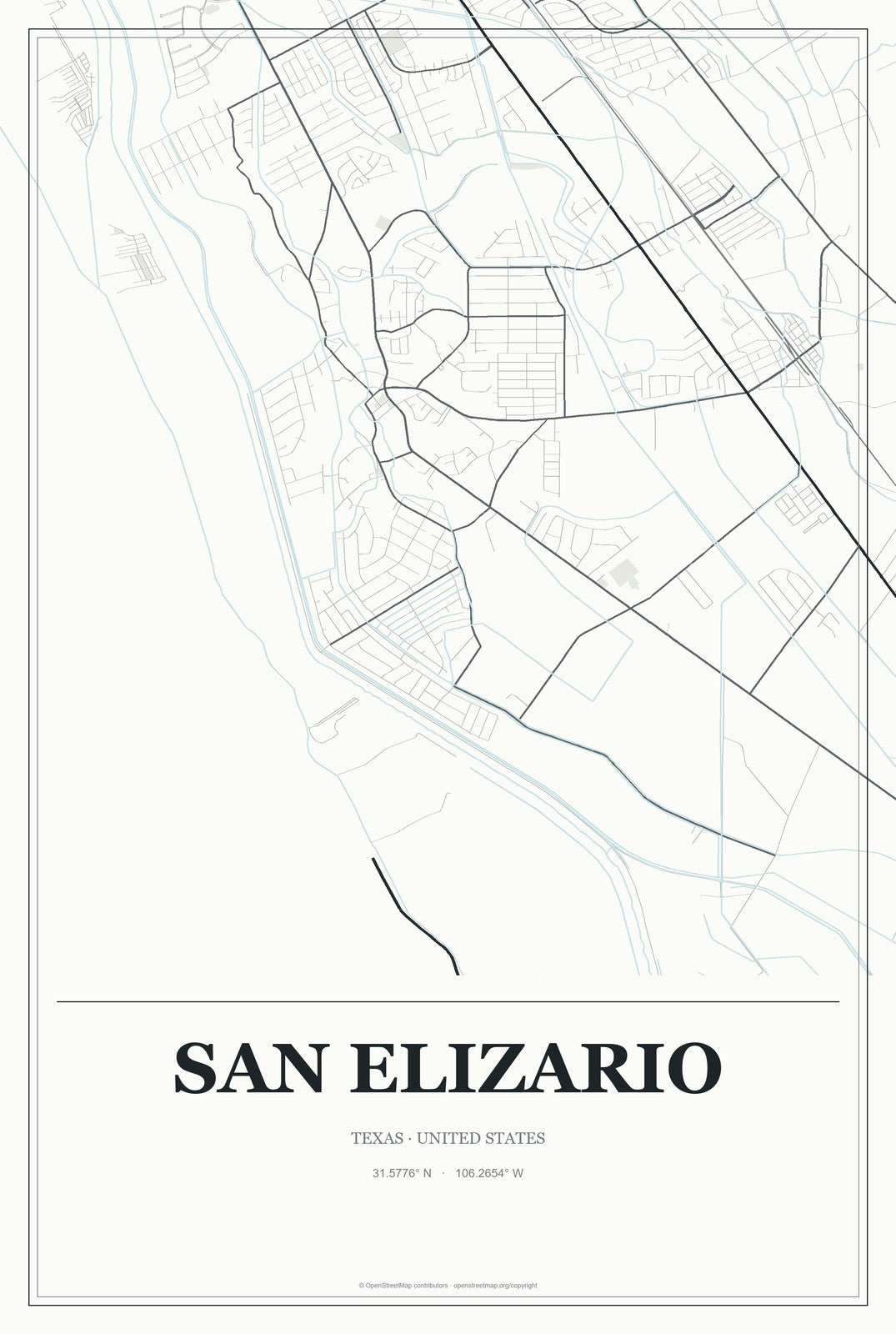San Elizario, Texas City Map Aluminum Sign in Gallery Air style