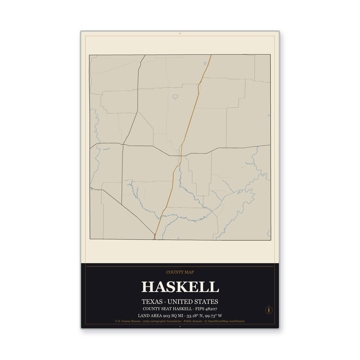 Haskell County, Texas Map Aluminum Sign in Museum Plaque style