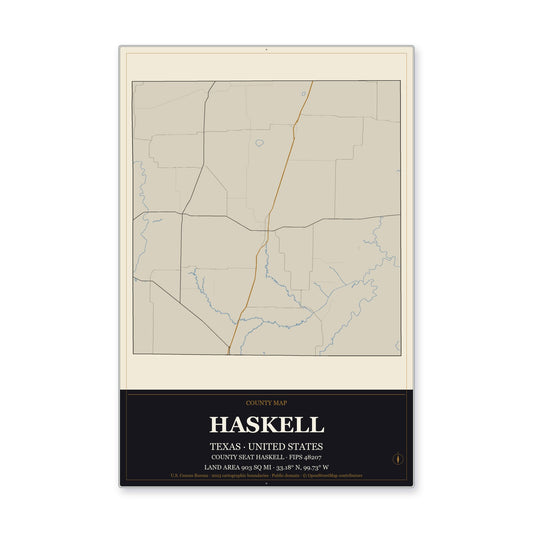 Haskell County, Texas Map Aluminum Sign in Museum Plaque style