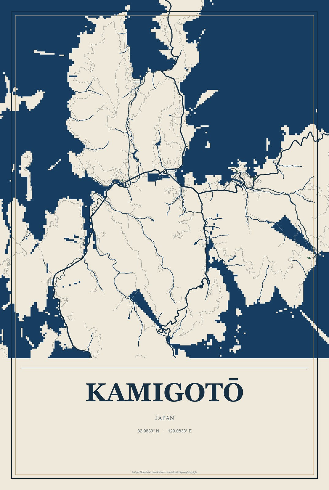 Kamigotō, Japan City Map Aluminum Sign in Coastal Cutout style